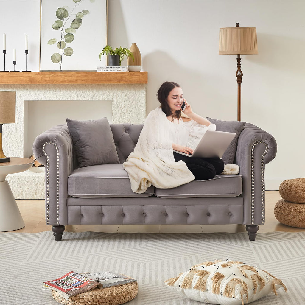 Light Grey Velvet Button Tufted Loveseat Sofa M5354