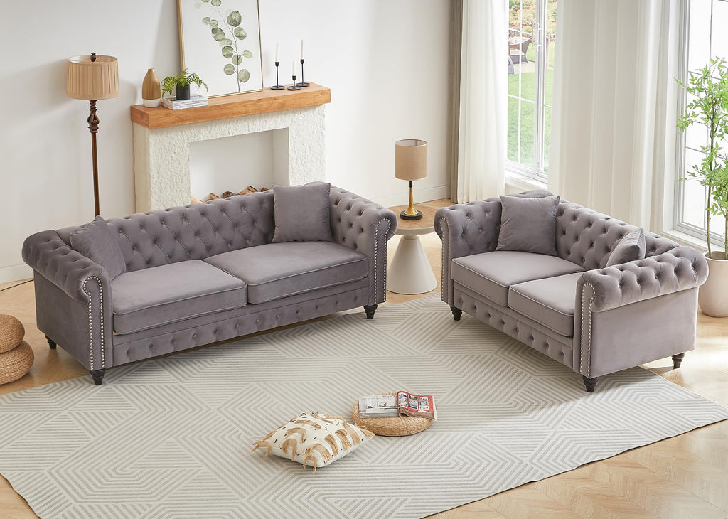 Light Grey Velvet Button Tufted Loveseat Sofa M5354