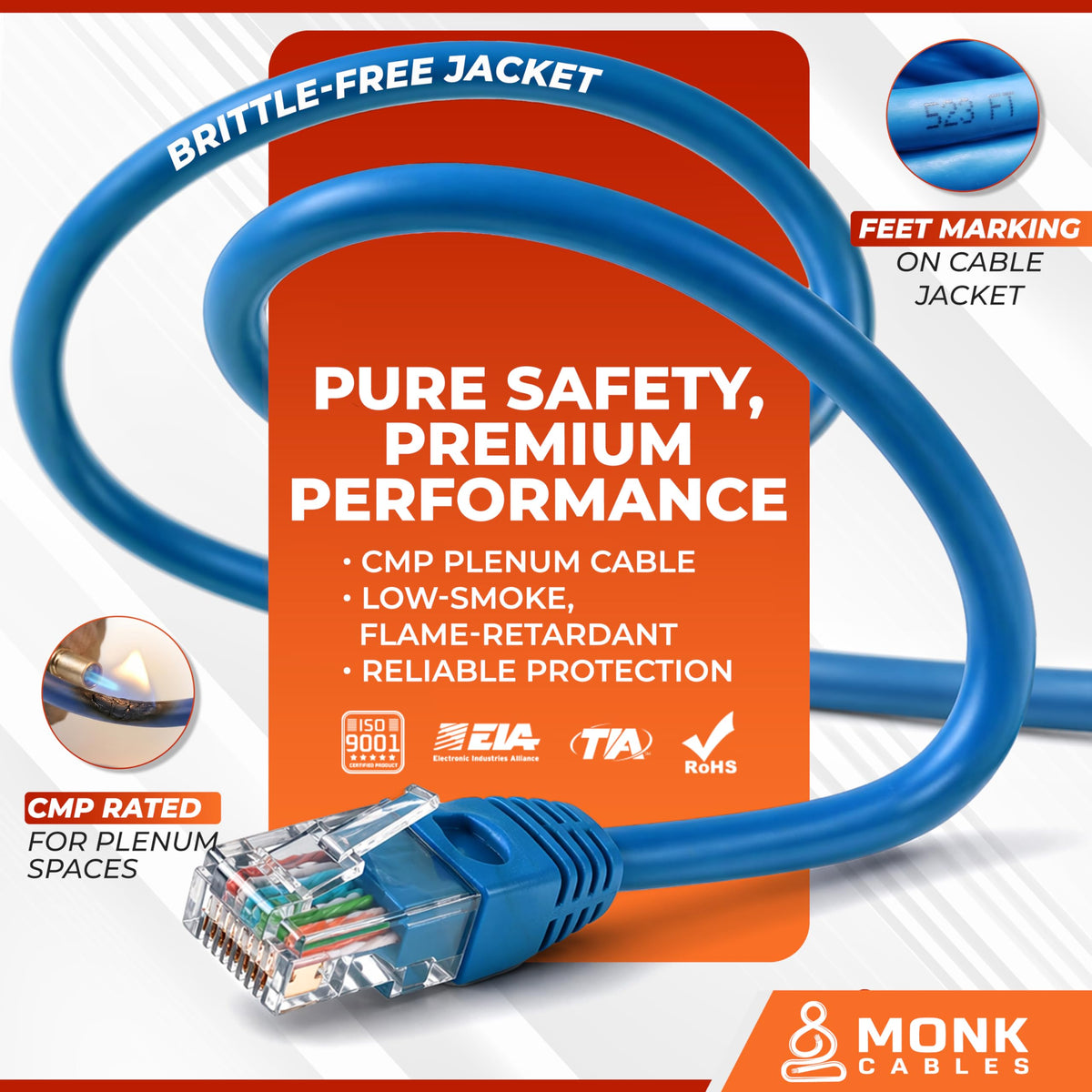 CAT 6 Ethernet Cable 1000ft Pure Bare Solid Copper 23AWG UTP CMP Plenum Blue O5419