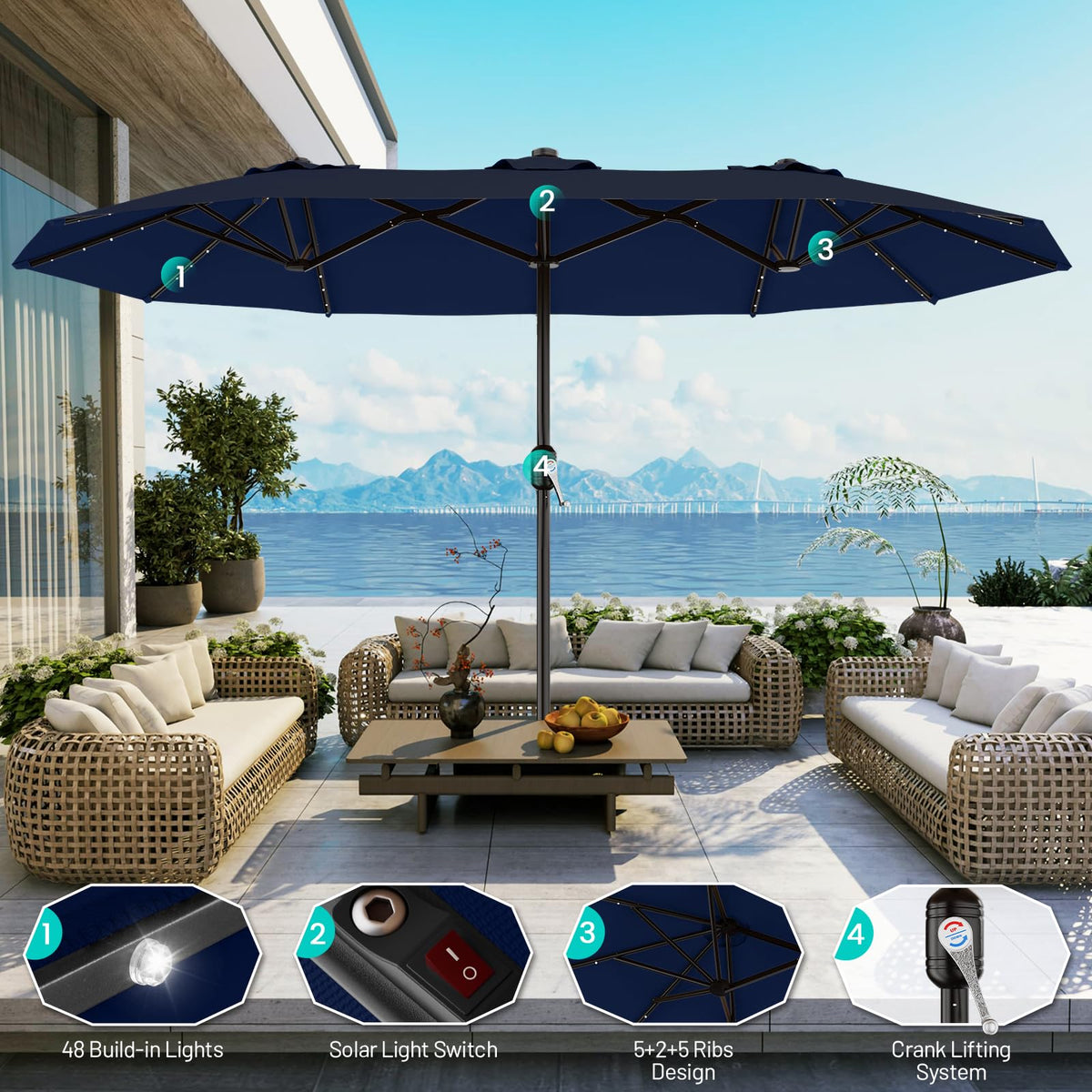 15FT Double Sided Solar Lights Patio Umbrella B925