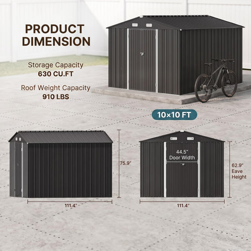 10x10 FT Metal Heavy-Duty Outdoor Storage Shed E505