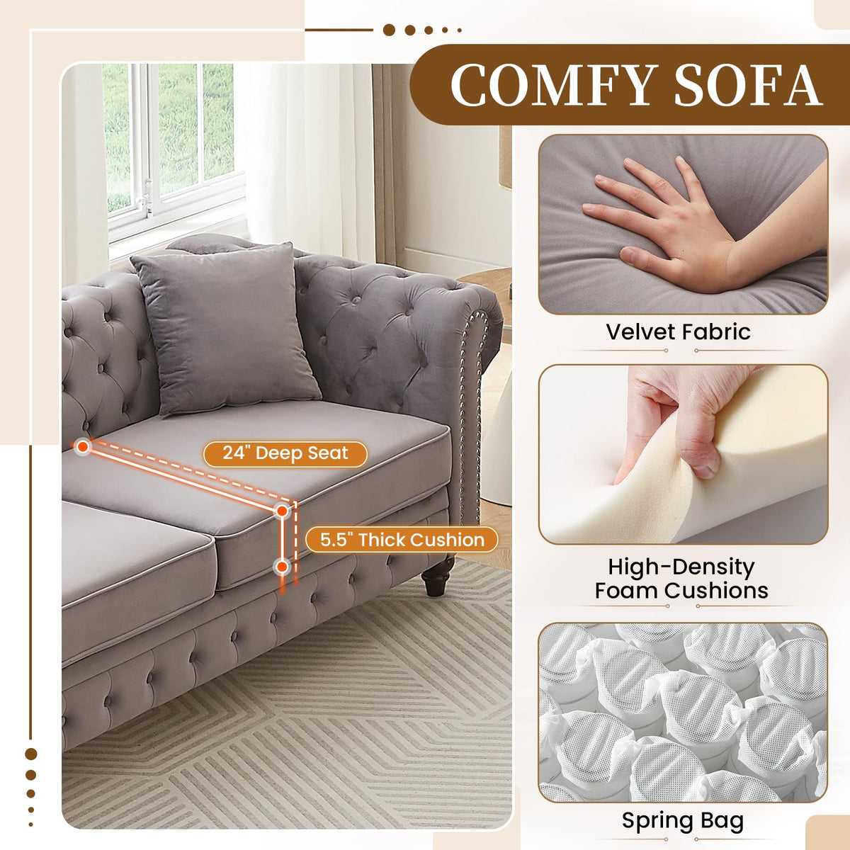 Light Grey Velvet Button Tufted Loveseat Sofa M5354