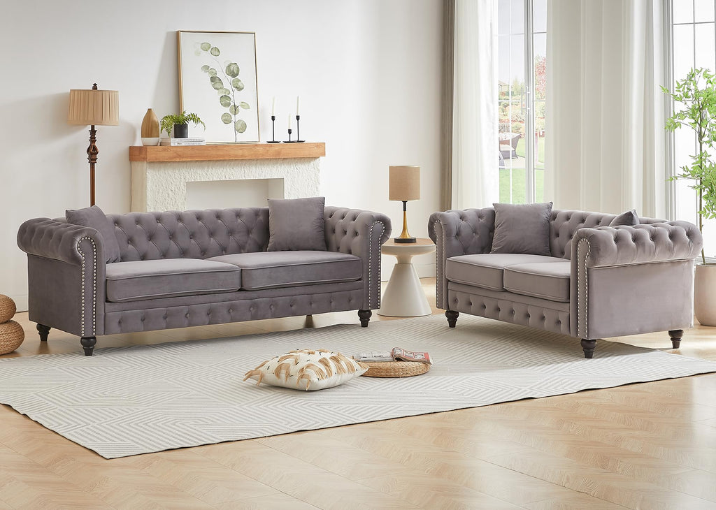 Light Grey Velvet Button Tufted Loveseat Sofa M5354
