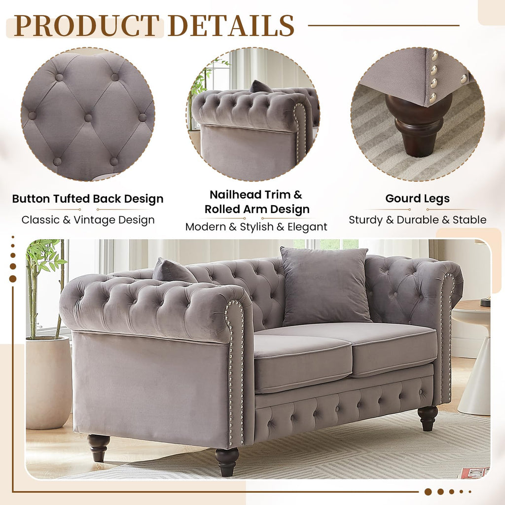 Light Grey Velvet Button Tufted Loveseat Sofa M5354