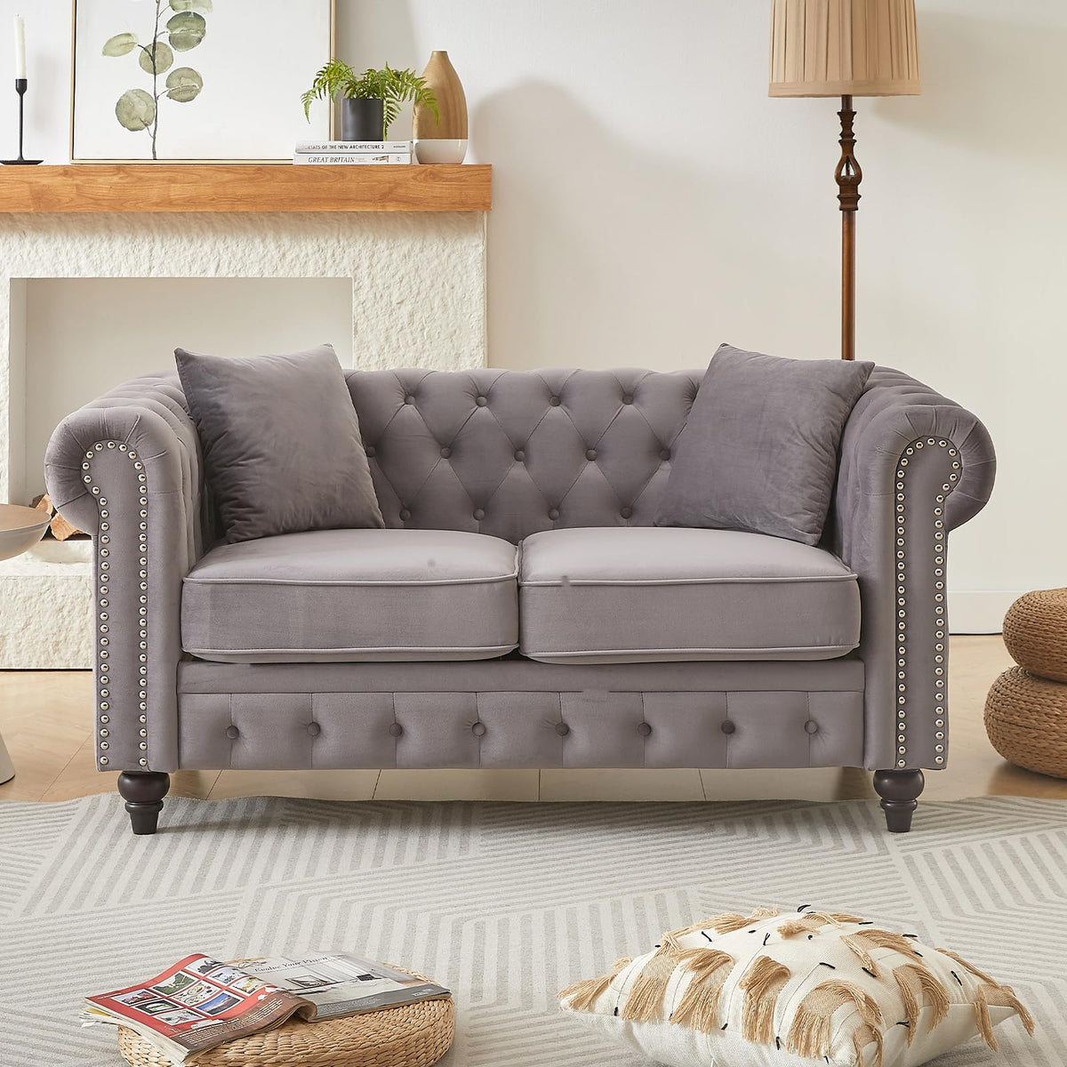 Light Grey Velvet Button Tufted Loveseat Sofa M5354