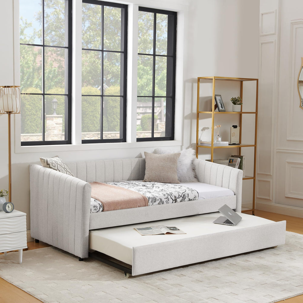 Twin Size Upholstery Daybed with Trundle and Vertical Stripes F329751