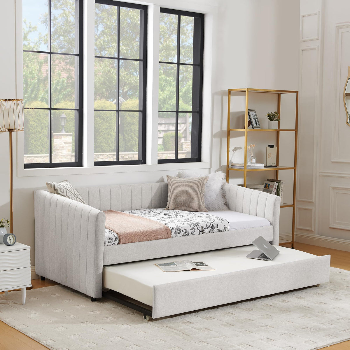 Twin Size Upholstery Daybed with Trundle and Vertical Stripes F329751