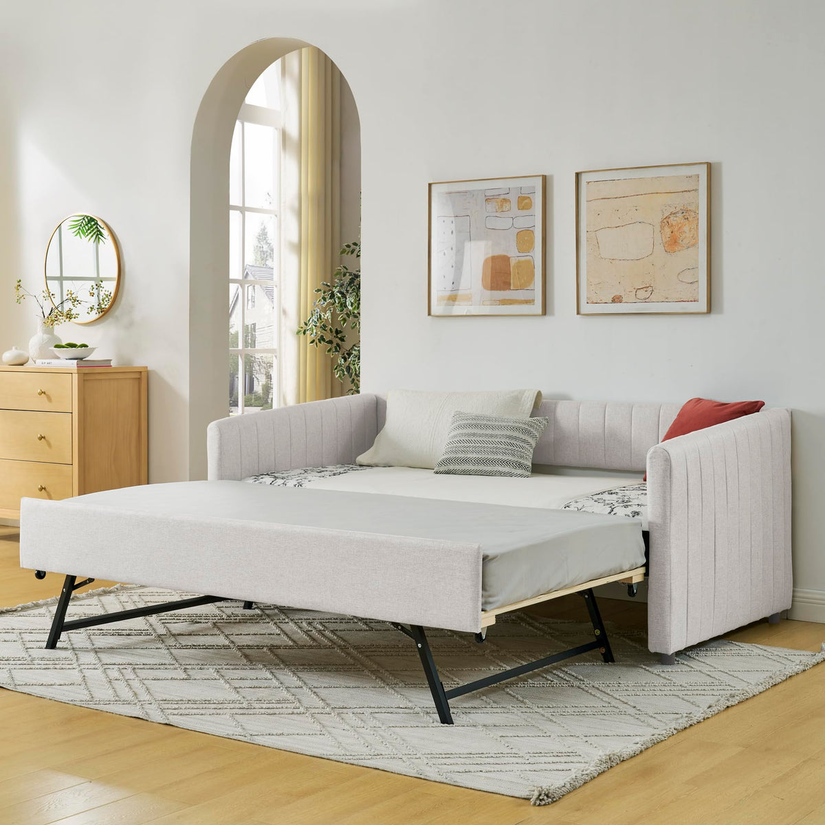Twin Size Upholstery Daybed with Trundle and Vertical Stripes F329751