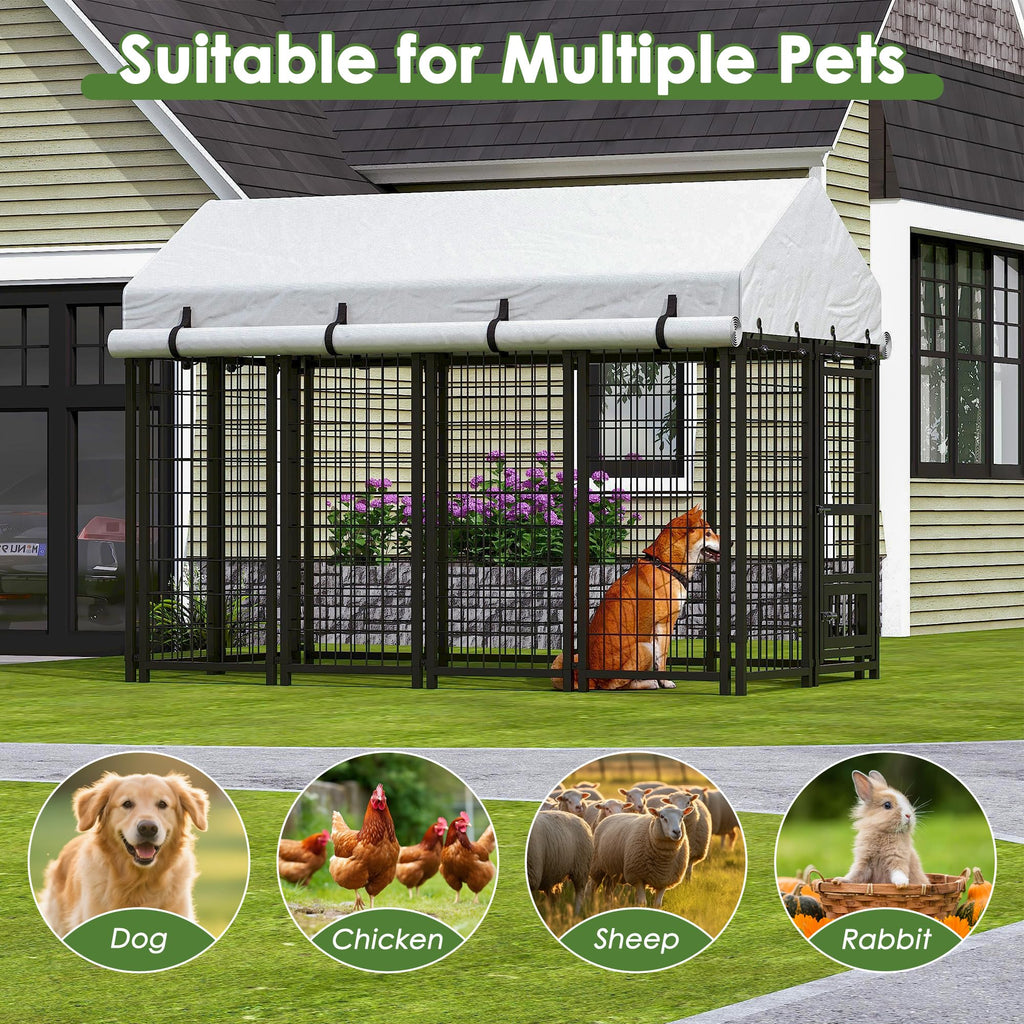 8x4x6 FT Metal Dog Kennel with 2 Dog Bowls D96402