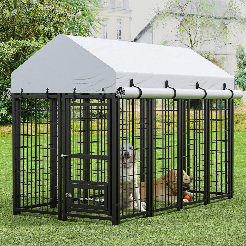 8x4x6 FT Metal Dog Kennel with 2 Dog Bowls D96402