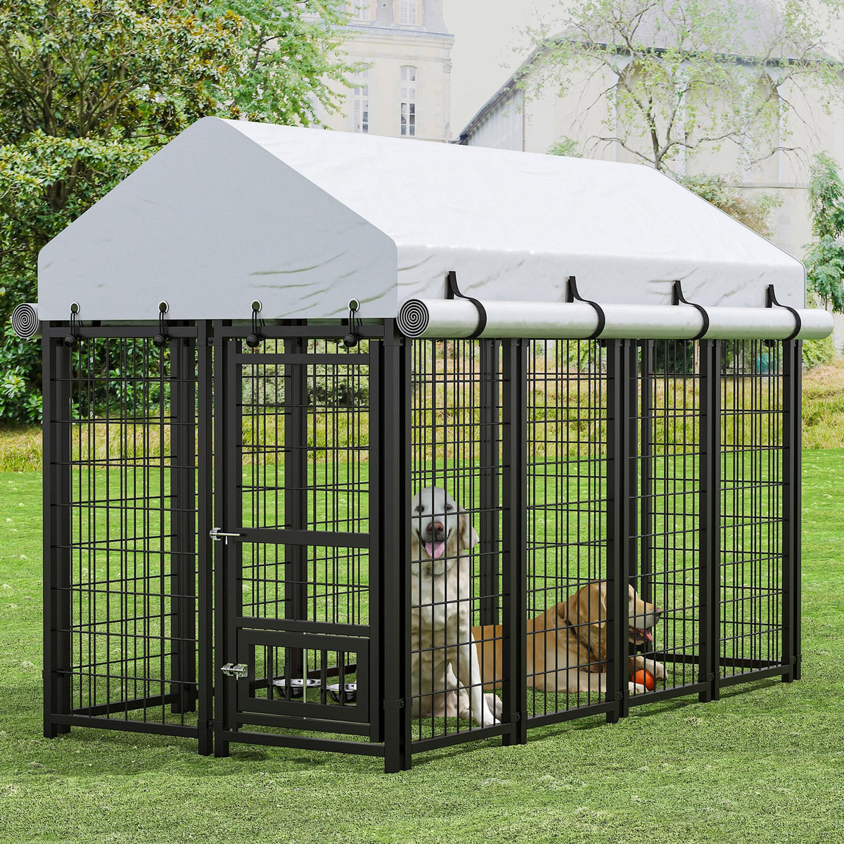 8x4x6 FT Metal Dog Kennel with 2 Dog Bowls D96402