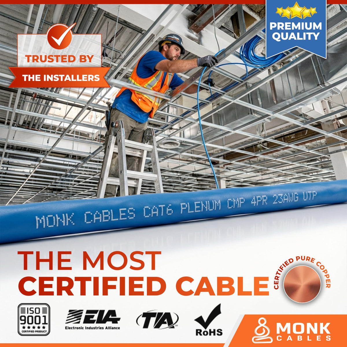 CAT 6 Ethernet Cable 1000ft Pure Bare Solid Copper 23AWG UTP CMP Plenum Blue O5419