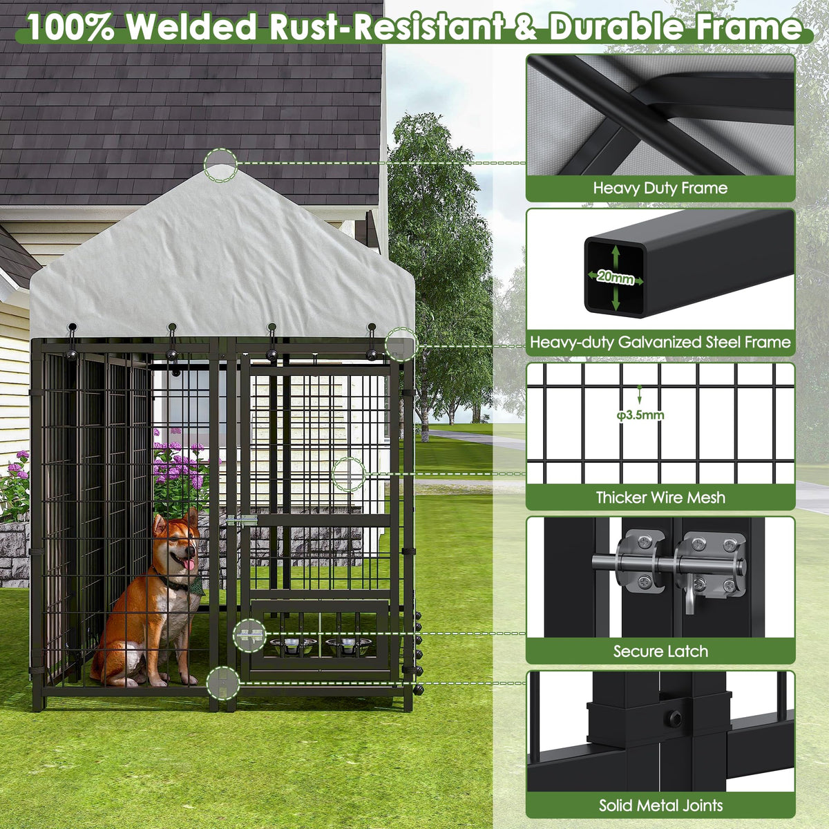 8x4x6 FT Metal Dog Kennel with 2 Dog Bowls D96402