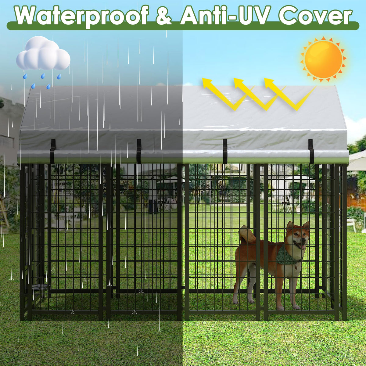 8x4x6 FT Metal Dog Kennel with 2 Dog Bowls D96402