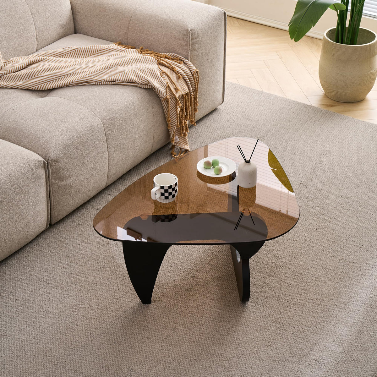 Brown Glass Coffee Table with Wood Base W4809